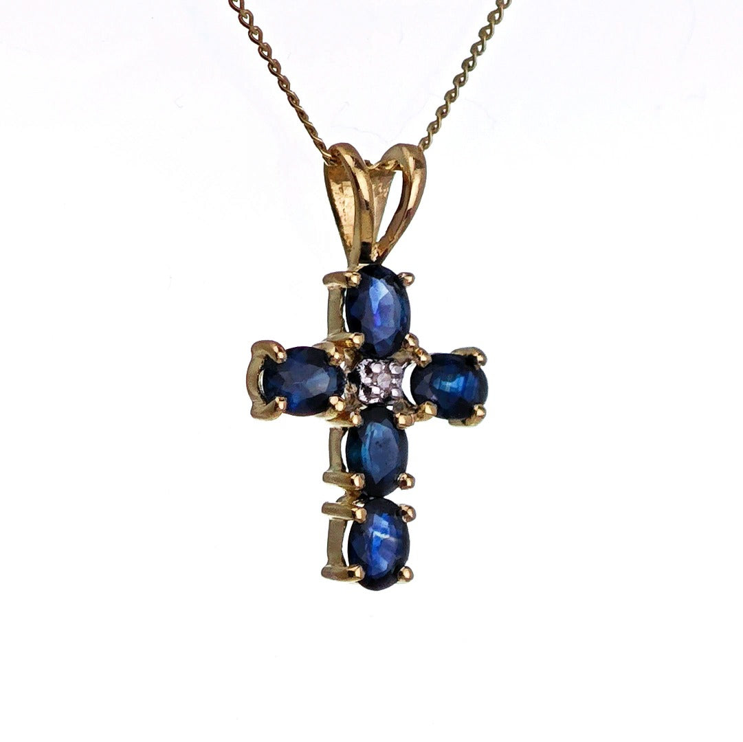 9ct Sapphire Diamond Cross Necklace SMALL Yellow Gold 1ct Blue Round Natural Gemstone