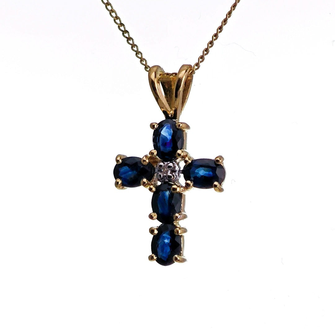 9ct Sapphire Diamond Cross Necklace SMALL Yellow Gold 1ct Blue Round Natural Gemstone