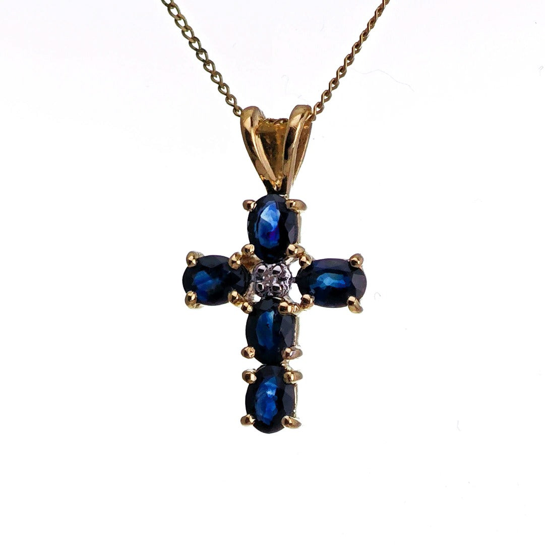 9ct Sapphire Diamond Cross Necklace SMALL Yellow Gold 1ct Blue Round Natural Gemstone