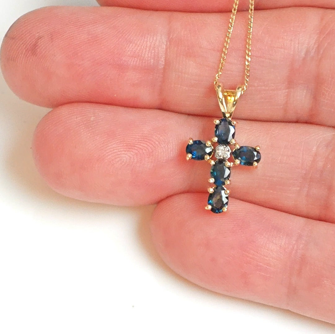 9ct Sapphire Diamond Cross Necklace SMALL Yellow Gold 1ct Blue Round Natural Gemstone