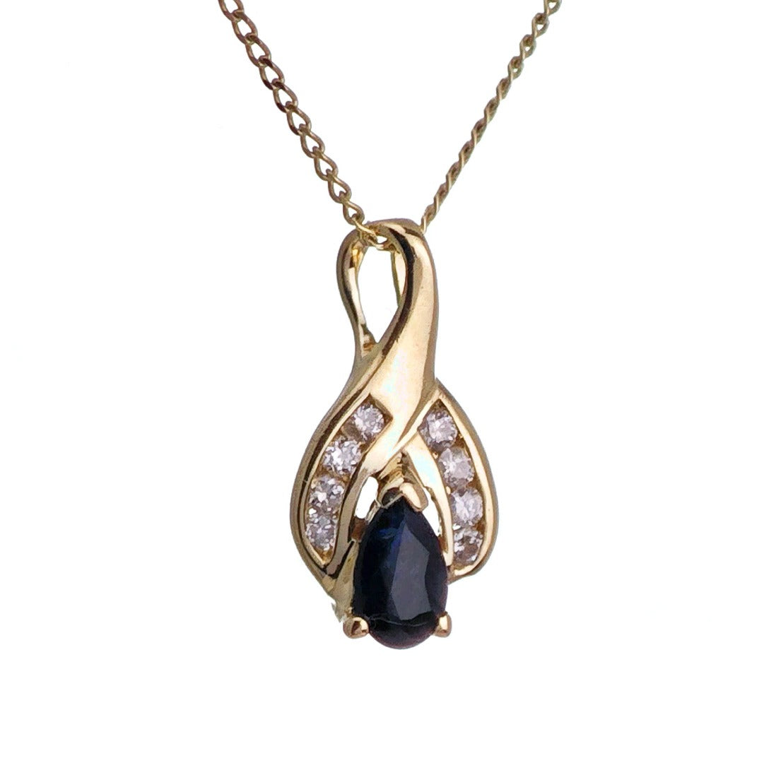 9ct Sapphire Diamond Necklace SMALL Yellow Gold 0.28ct Blue Pear Natural Gemstone