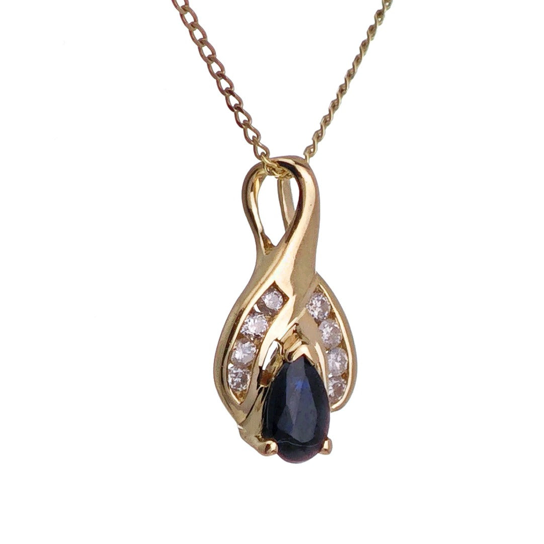 9ct Sapphire Diamond Necklace SMALL Yellow Gold 0.28ct Blue Pear Natural Gemstone