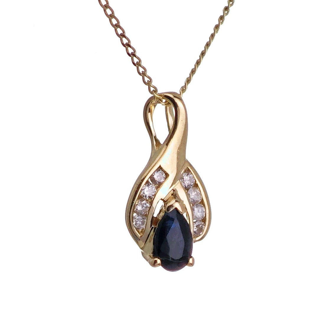 9ct Sapphire Diamond Necklace SMALL Yellow Gold 0.28ct Blue Pear Natural Gemstone