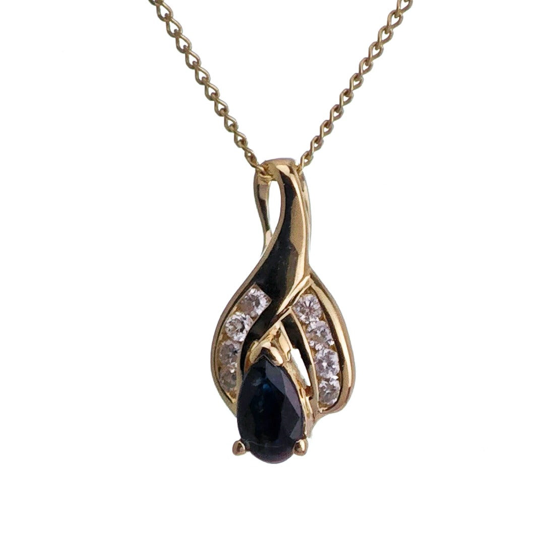 9ct Sapphire Diamond Necklace SMALL Yellow Gold 0.28ct Blue Pear Natural Gemstone