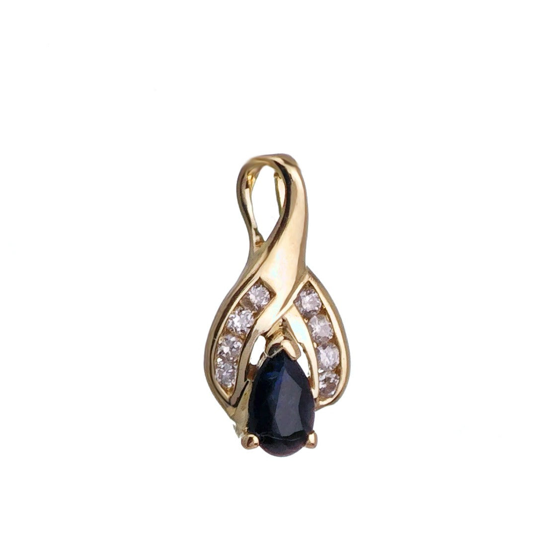 9ct Sapphire Diamond Necklace SMALL Yellow Gold 0.28ct Blue Pear Natural Gemstone