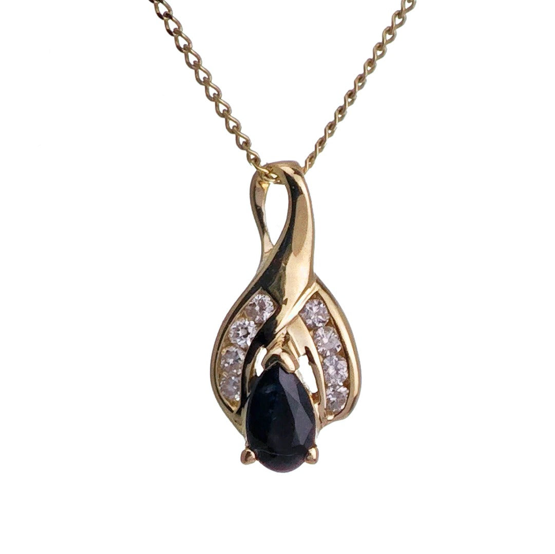 9ct Sapphire Diamond Necklace SMALL Yellow Gold 0.28ct Blue Pear Natural Gemstone
