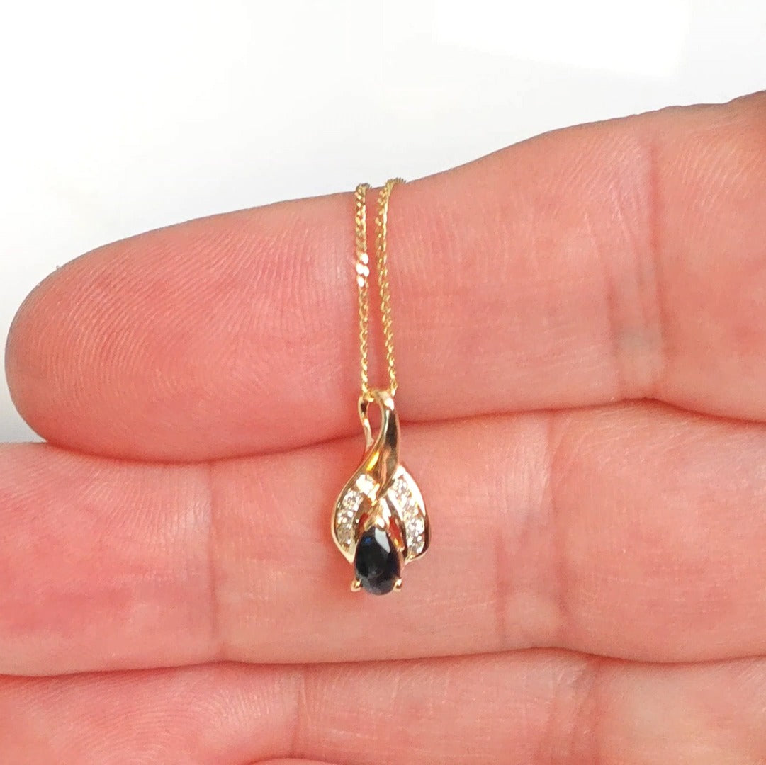 9ct Sapphire Diamond Necklace SMALL Yellow Gold 0.28ct Blue Pear Natural Gemstone