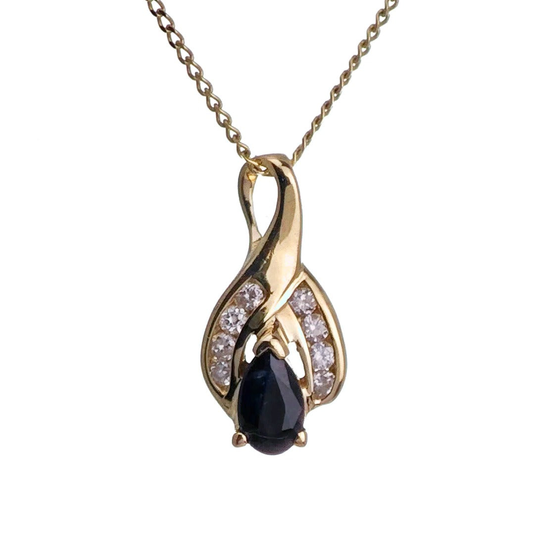 9ct Sapphire Diamond Necklace SMALL Yellow Gold 0.28ct Blue Pear Natural Gemstone