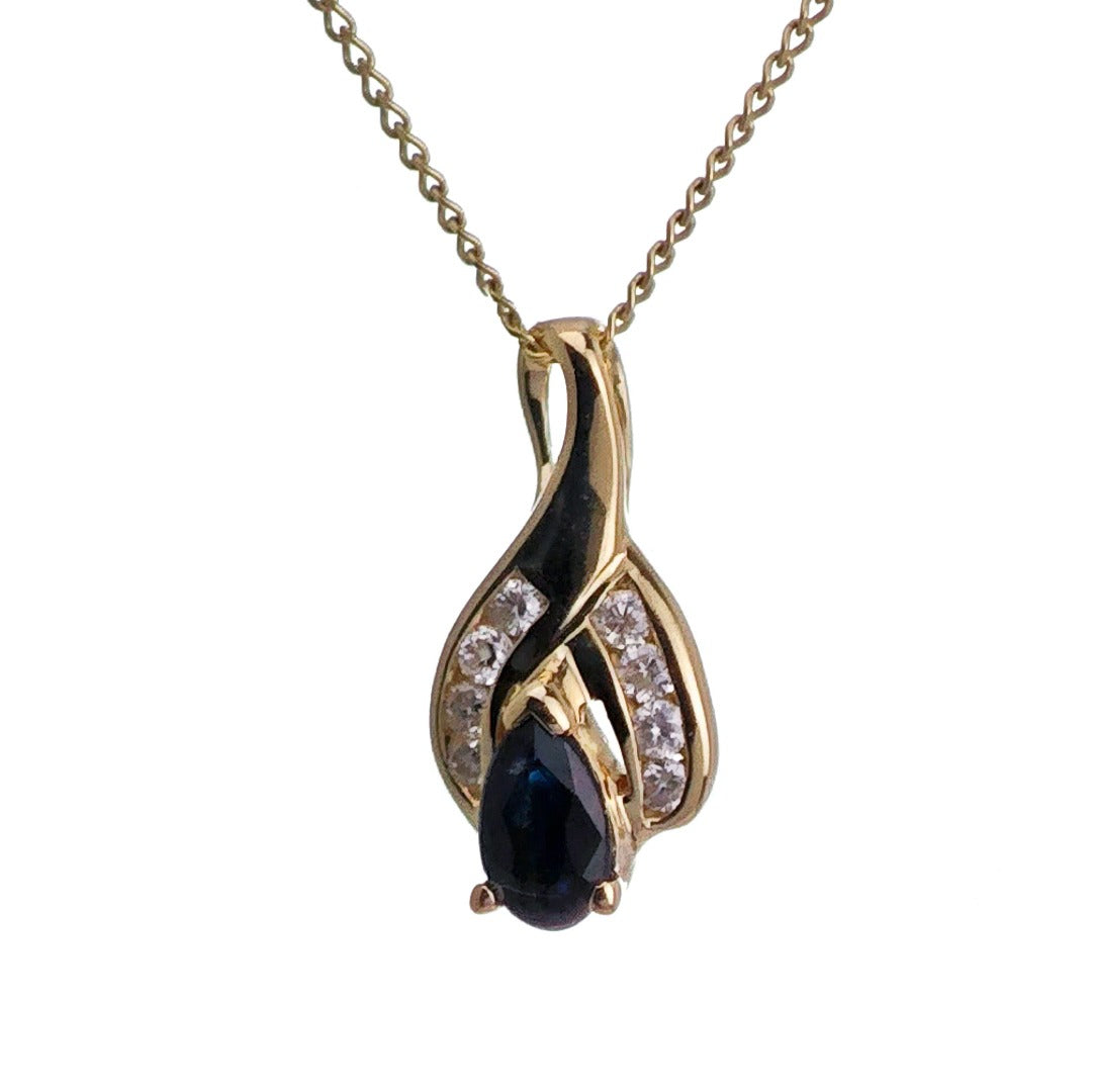 9ct Sapphire Diamond Necklace SMALL Yellow Gold 0.28ct Blue Pear Natural Gemstone