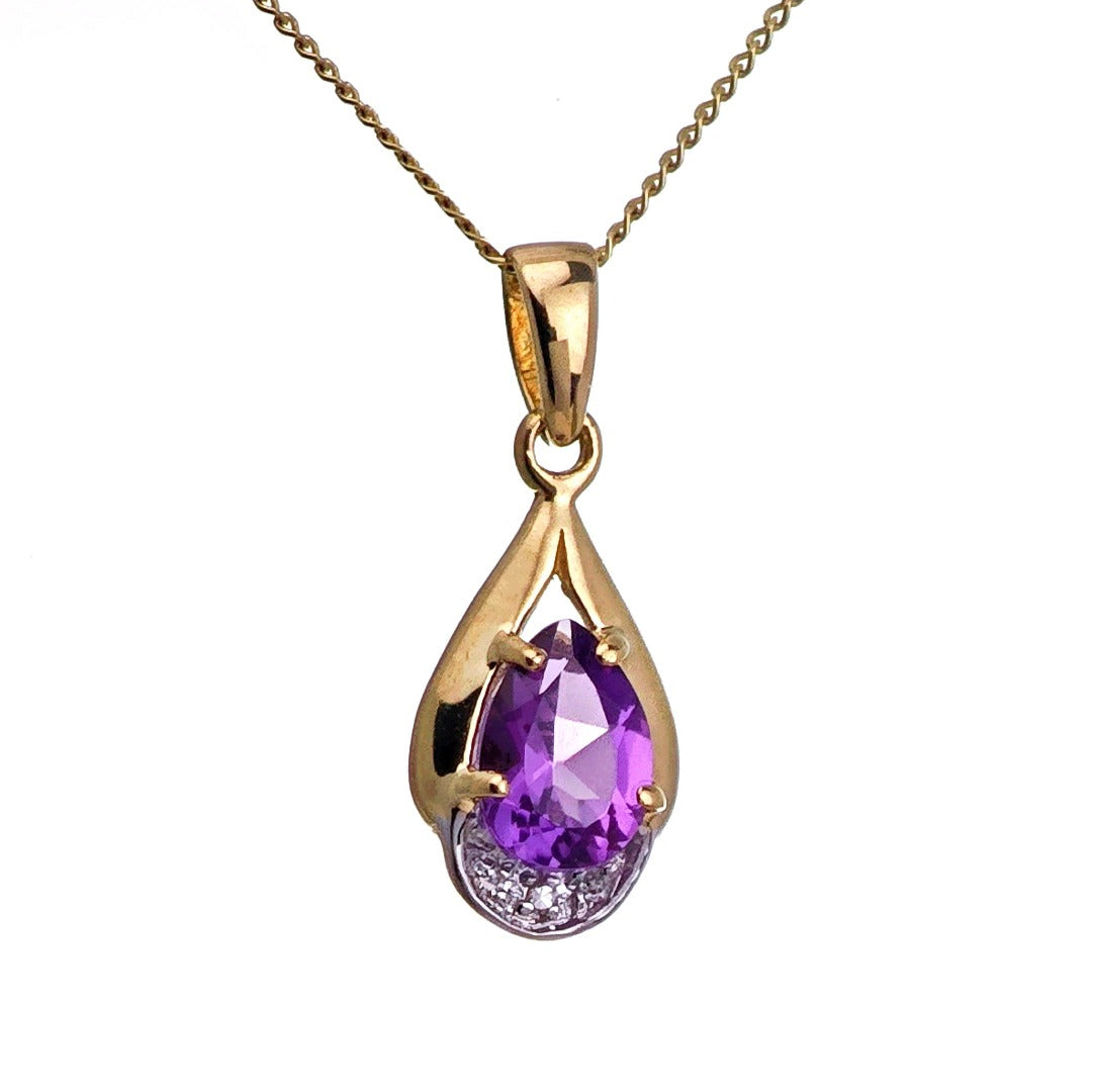 9ct Amethyst Necklace Yellow Gold 0.68ct Purple Pear Natural Gemstone