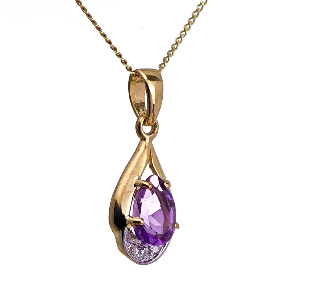 9ct Amethyst Necklace Yellow Gold 0.68ct Purple Pear Natural Gemstone