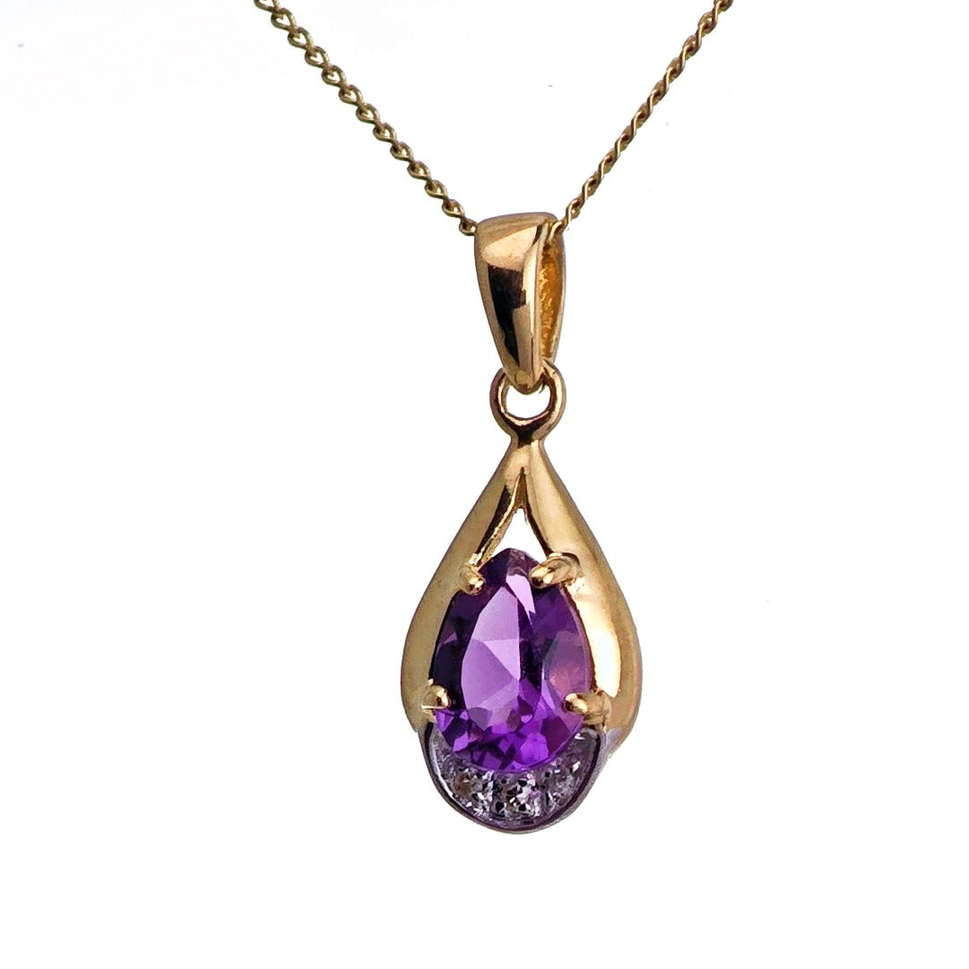 9ct Amethyst Necklace Yellow Gold 0.68ct Purple Pear Natural Gemstone