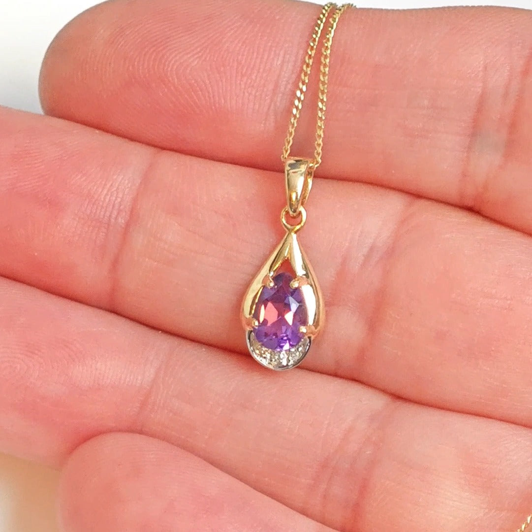 9ct Amethyst Necklace Yellow Gold 0.68ct Purple Pear Natural Gemstone