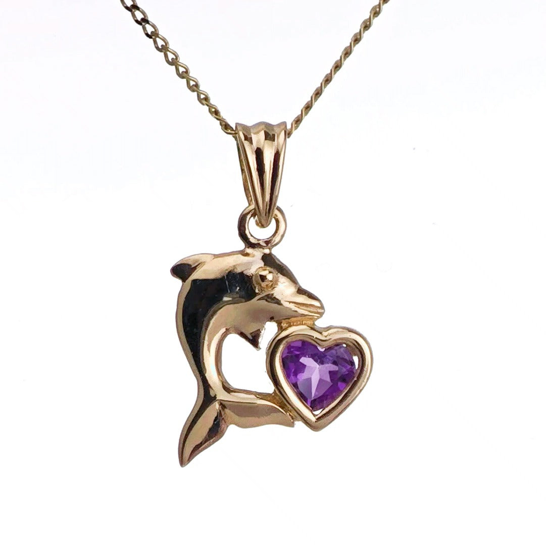 9ct Amethyst Dolphin Necklace Yellow Gold Heart 0.19ct Purple Heart Natural Gemstone