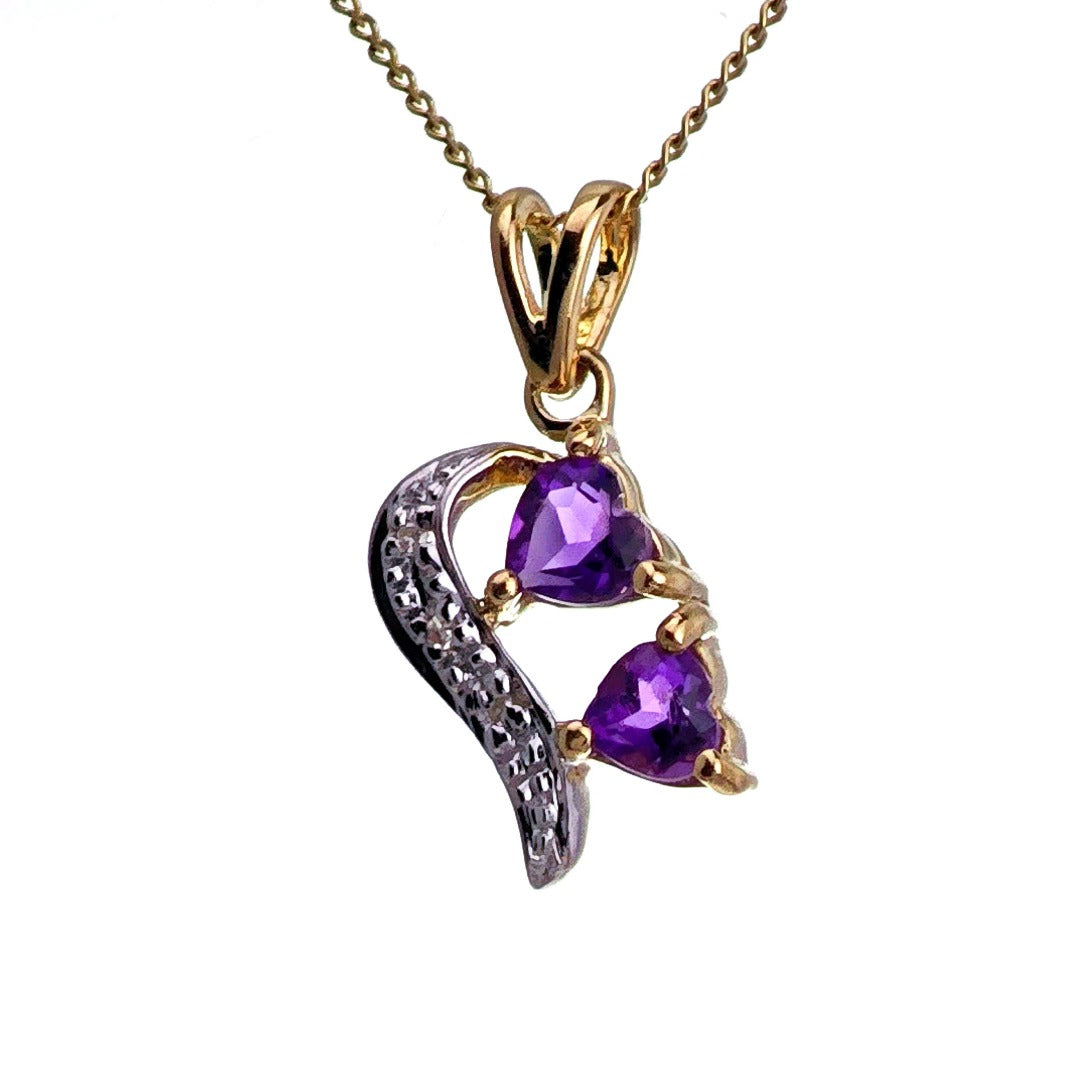 9ct Amethyst Hearts Necklace Yellow Gold 0.34ct Purple