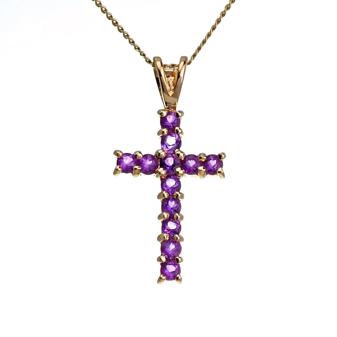 9ct Amethyst Cross Necklace Yellow Gold 0.44ct Purple Round Natural Gemstone
