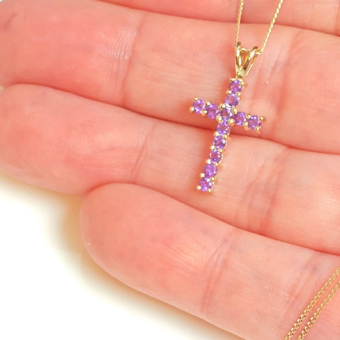 9ct Amethyst Cross Necklace Yellow Gold 0.44ct Purple Round Natural Gemstone