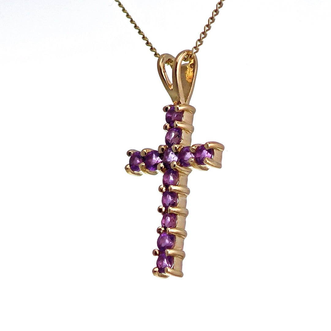 9ct Amethyst Cross Necklace Yellow Gold 0.44ct Purple Round Natural Gemstone