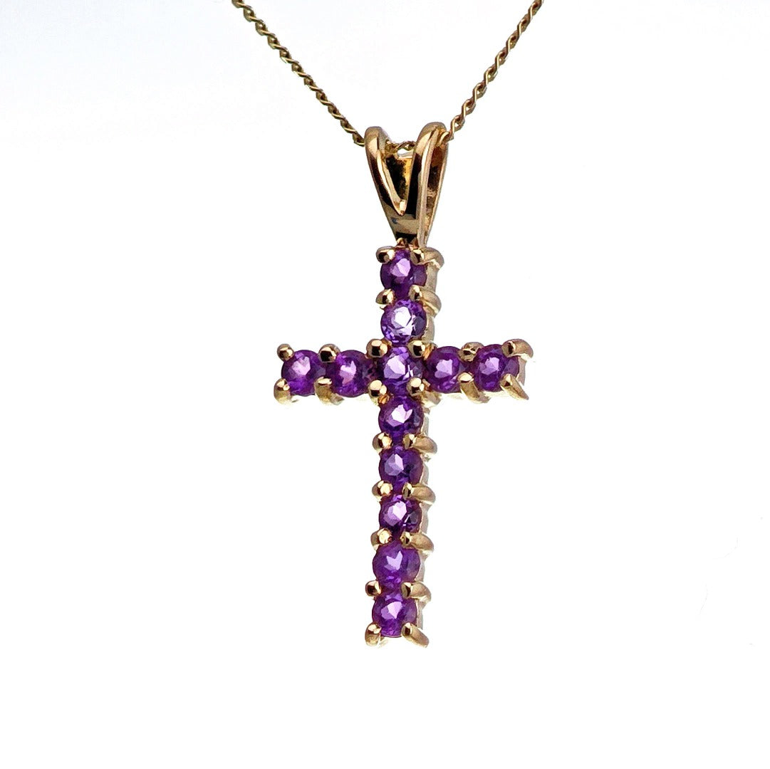 9ct Amethyst Cross Necklace Yellow Gold 0.44ct Purple Round Natural Gemstone