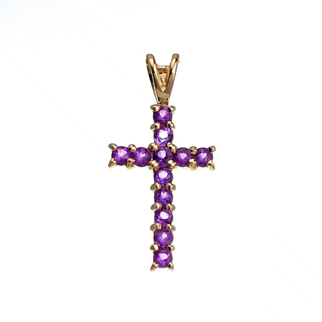 9ct Amethyst Cross Necklace Yellow Gold 0.44ct Purple Round Natural Gemstone