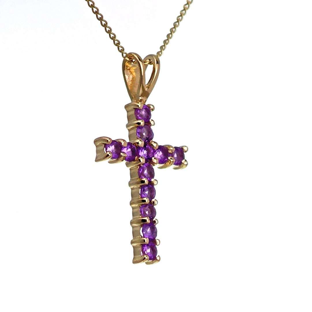 9ct Amethyst Cross Necklace Yellow Gold 0.44ct Purple Round Natural Gemstone