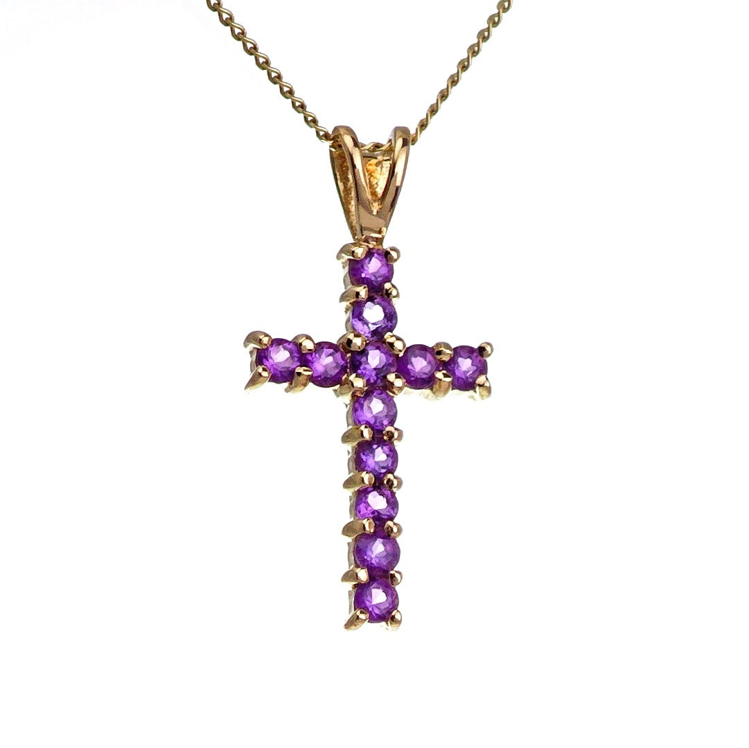 9ct Amethyst Cross Necklace Yellow Gold 0.44ct Purple Round Natural Gemstone