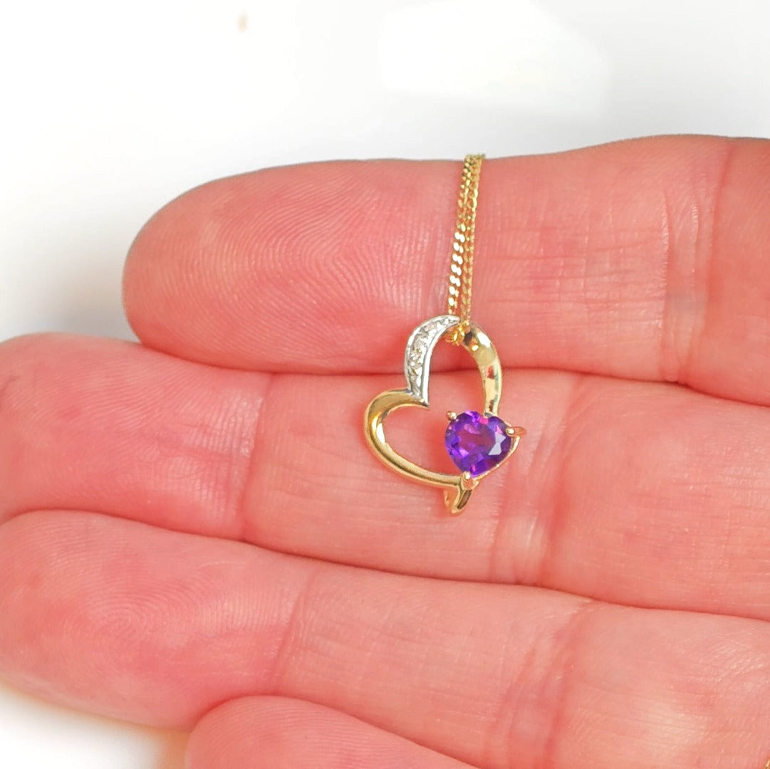 9ct Amethyst Necklace Yellow Gold 0.39ct Purple Heart Natural Gemstone