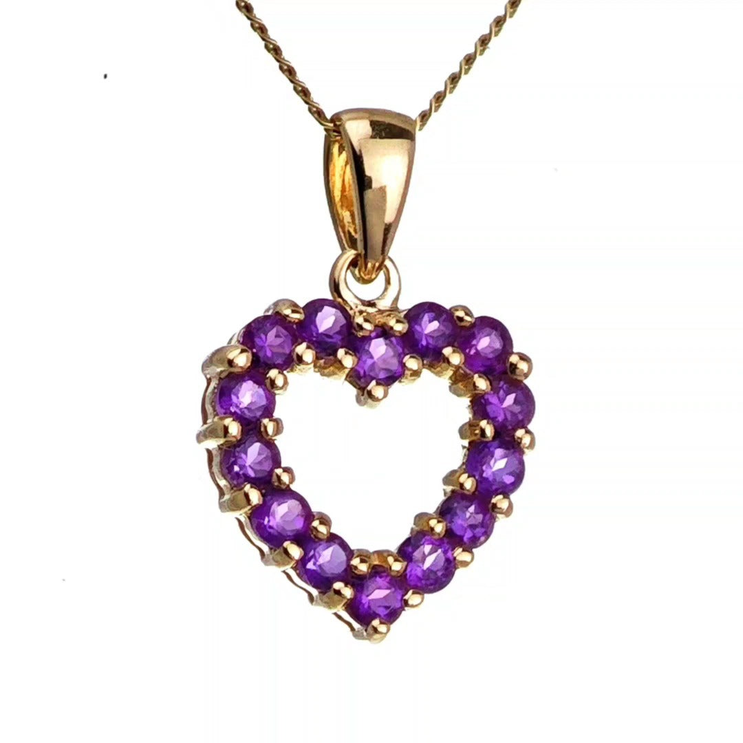 9ct Amethyst Heart Necklace Yellow Gold 0.52ct Purple Round Natural Gemstone