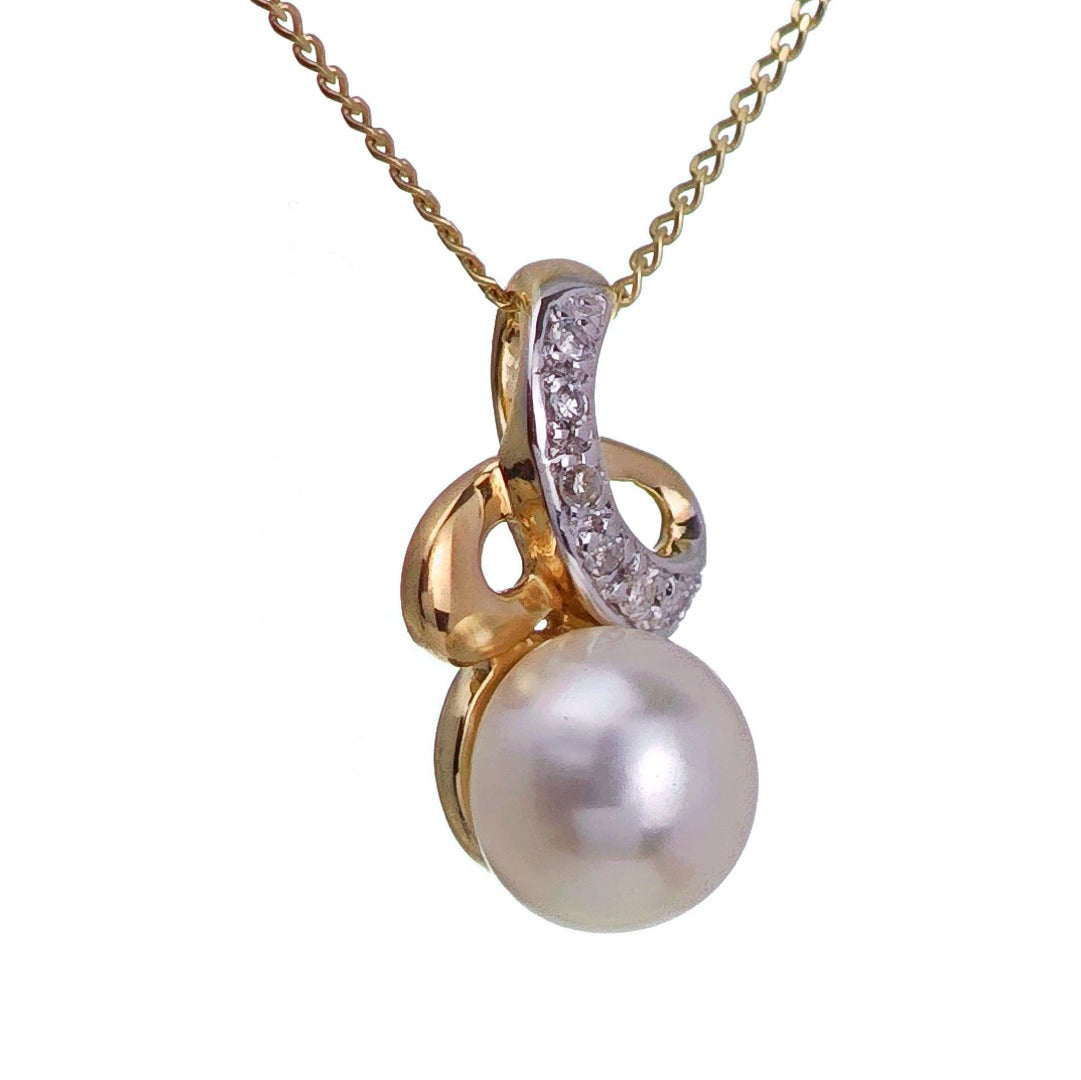 9ct Pearl Diamond Necklace Yellow Gold White Round Natural Gemstone