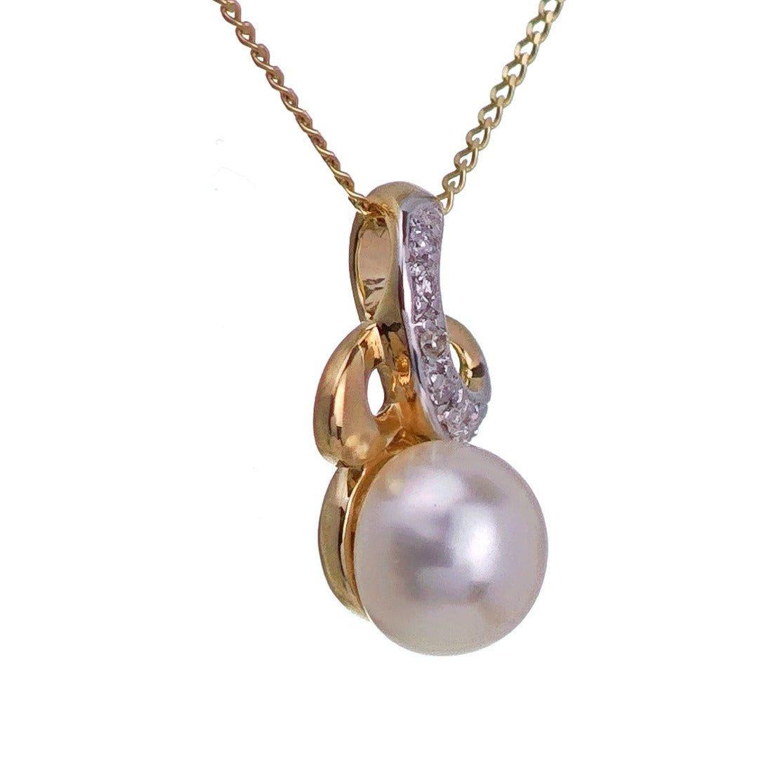 9ct Pearl Diamond Necklace Yellow Gold White Round Natural Gemstone