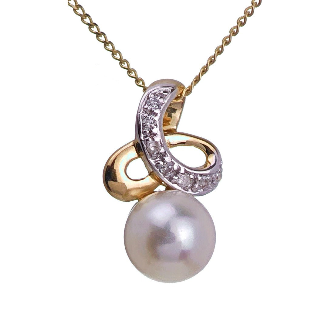 9ct Pearl Diamond Necklace Yellow Gold White Round Natural Gemstone