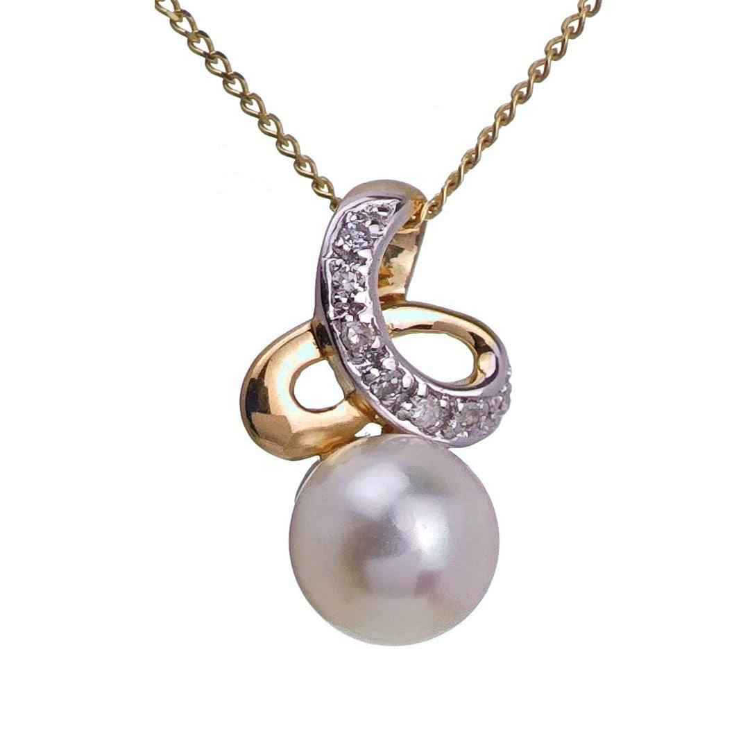 9ct Pearl Diamond Necklace Yellow Gold White Round Natural Gemstone