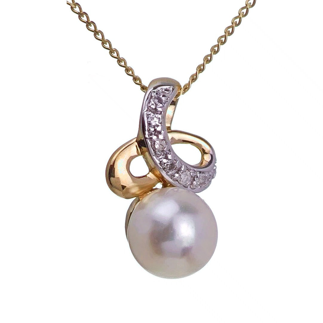 9ct Pearl Diamond Necklace Yellow Gold White Round Natural Gemstone