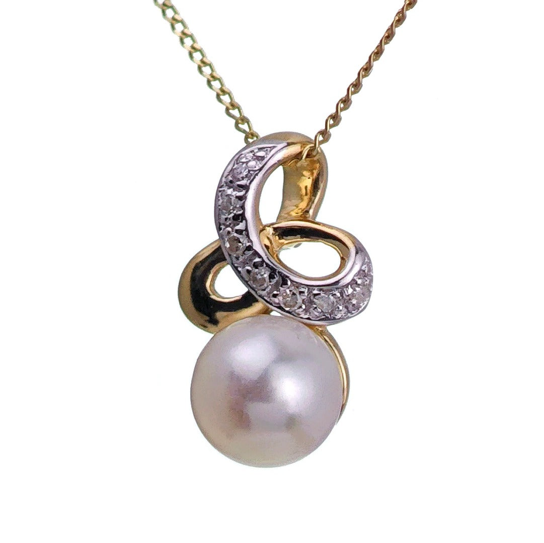 9ct Pearl Diamond Necklace Yellow Gold White Round Natural Gemstone