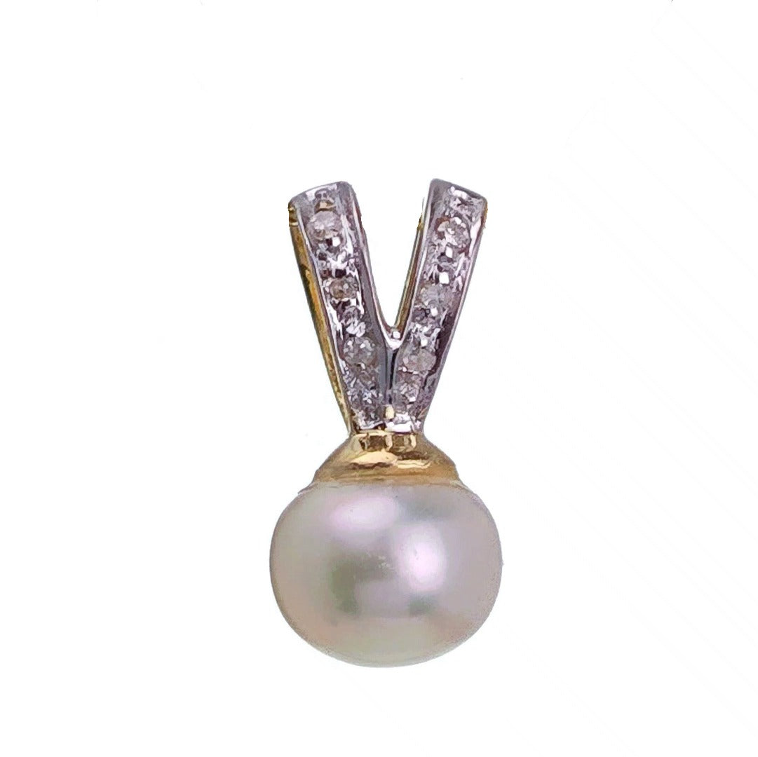 9ct Pearl Diamond Necklace Yellow Gold White Round Natural Gemstone