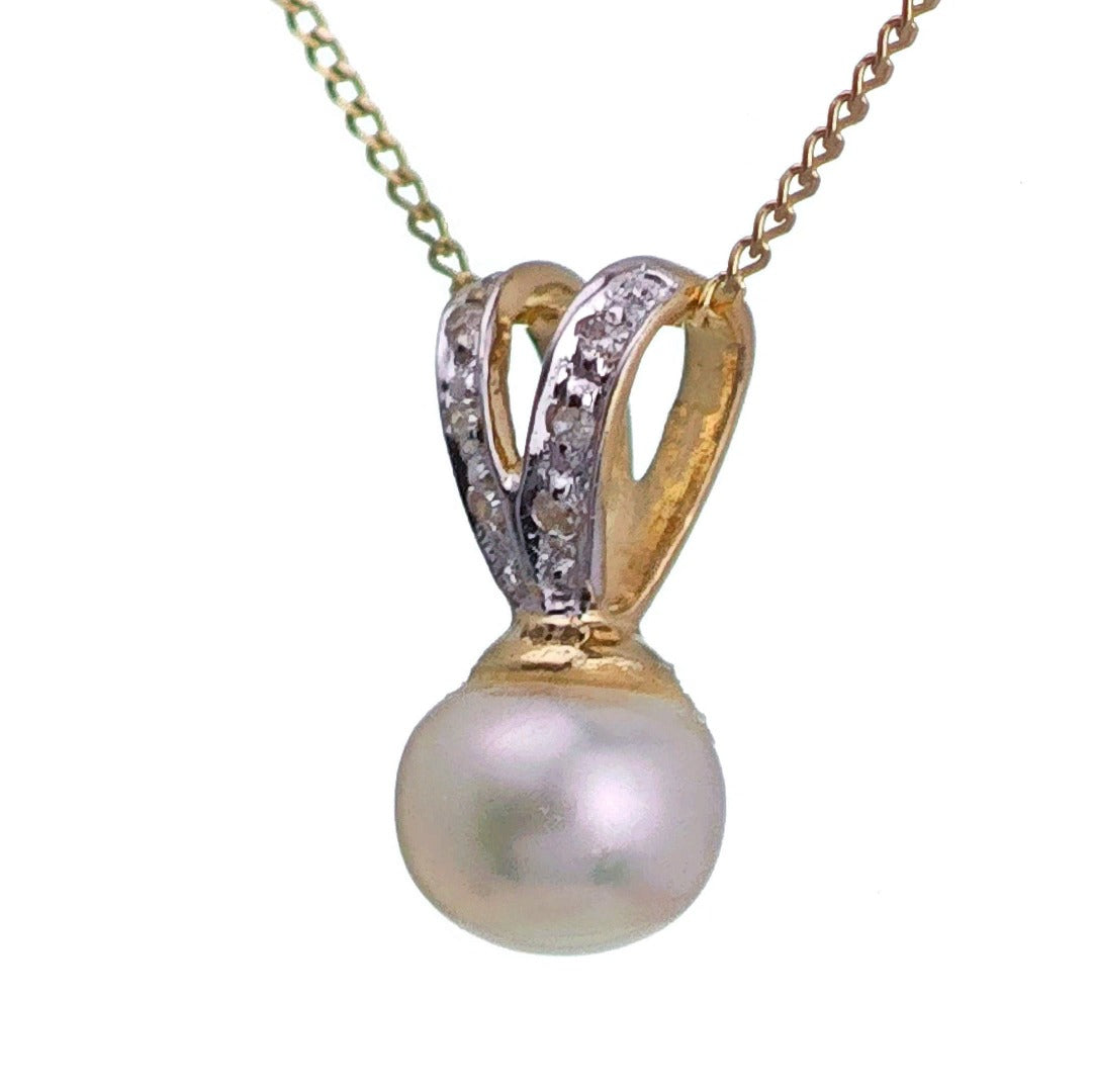 9ct Pearl Diamond Necklace Yellow Gold White Round Natural Gemstone
