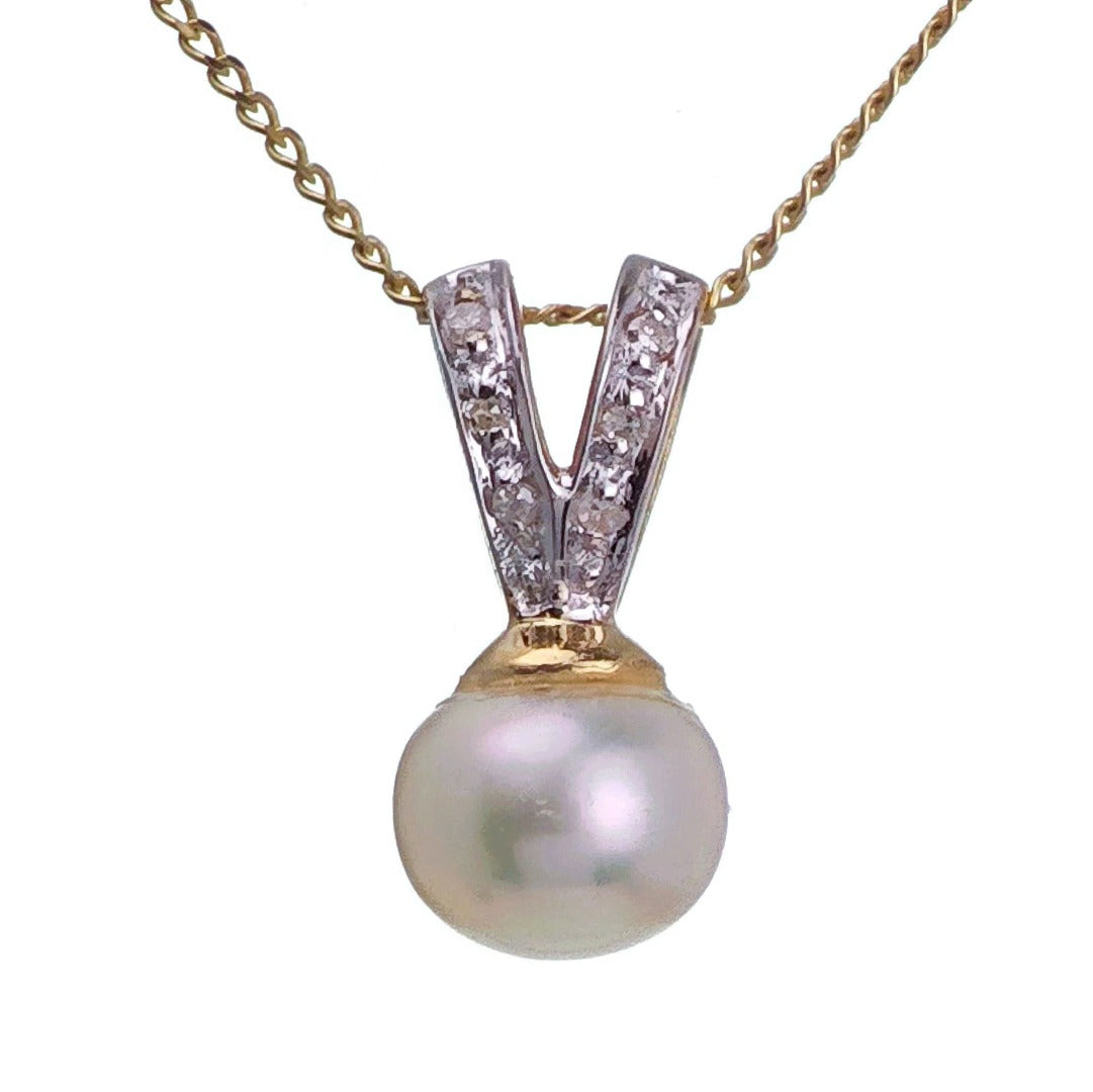 9ct Pearl Diamond Necklace Yellow Gold White Round Natural Gemstone