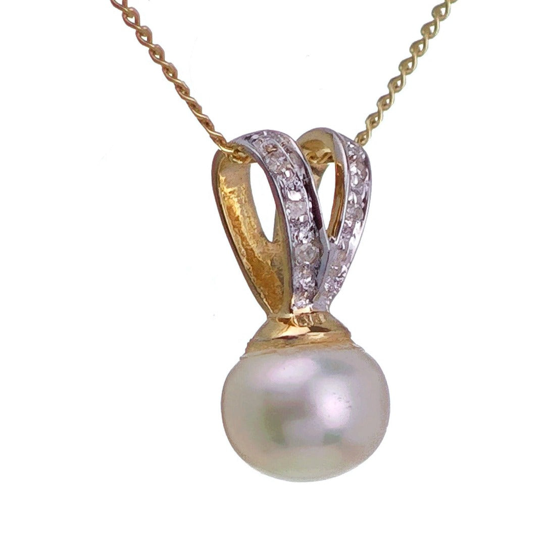 9ct Pearl Diamond Necklace Yellow Gold White Round Natural Gemstone