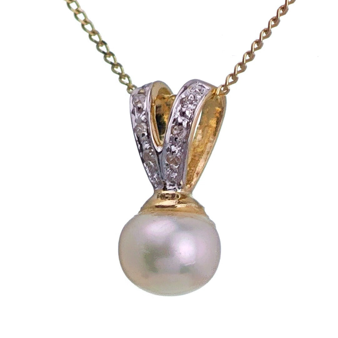 9ct Pearl Diamond Necklace Yellow Gold White Round Natural Gemstone