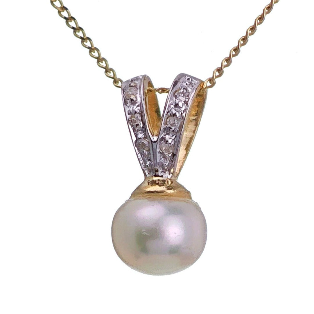 9ct Pearl Diamond Necklace Yellow Gold White Round Natural Gemstone