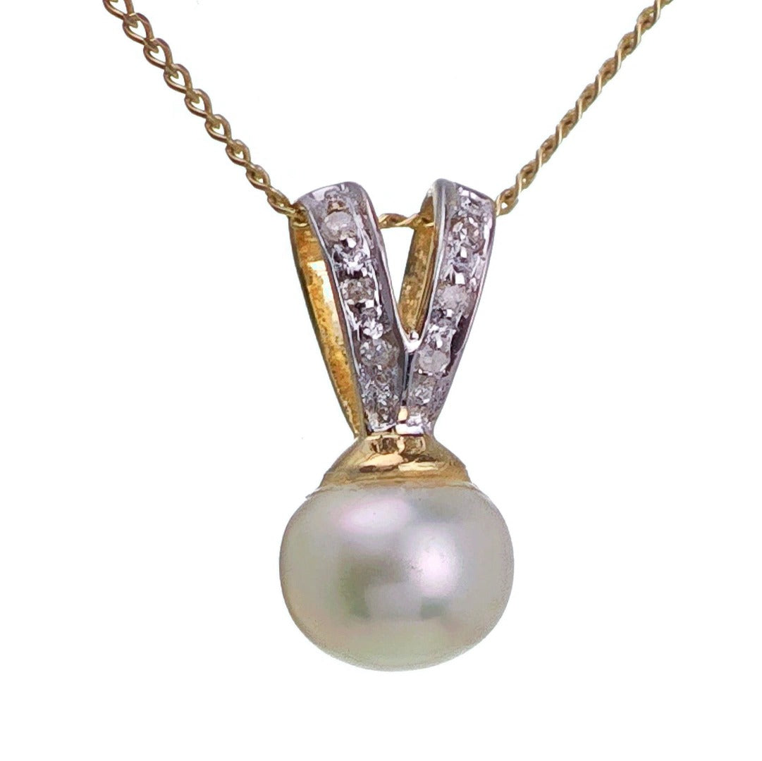 9ct Pearl Diamond Necklace Yellow Gold White Round Natural Gemstone