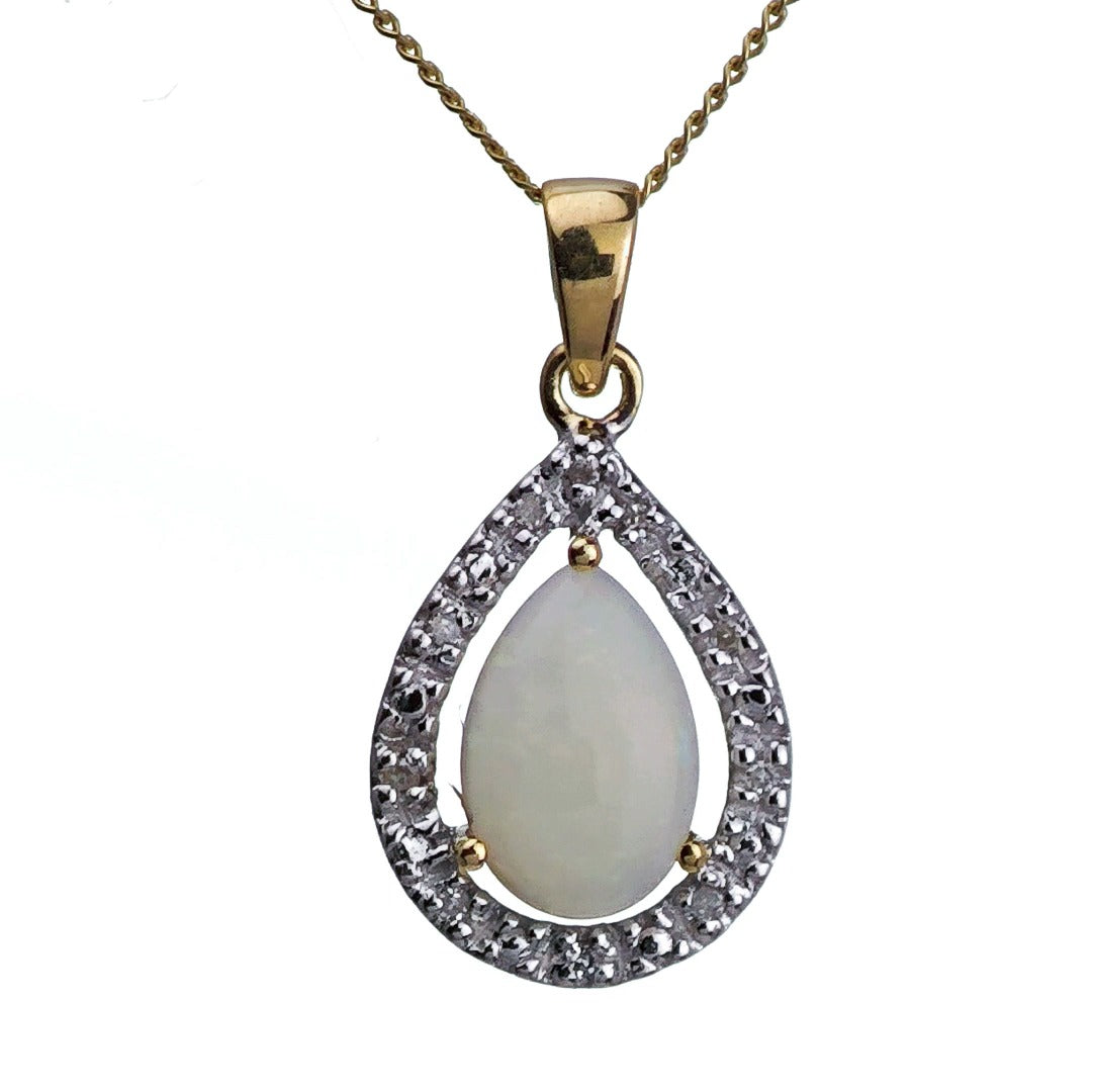9ct Opal Diamond Necklace Yellow Gold 0.65ct White Pear Natural Gemstone