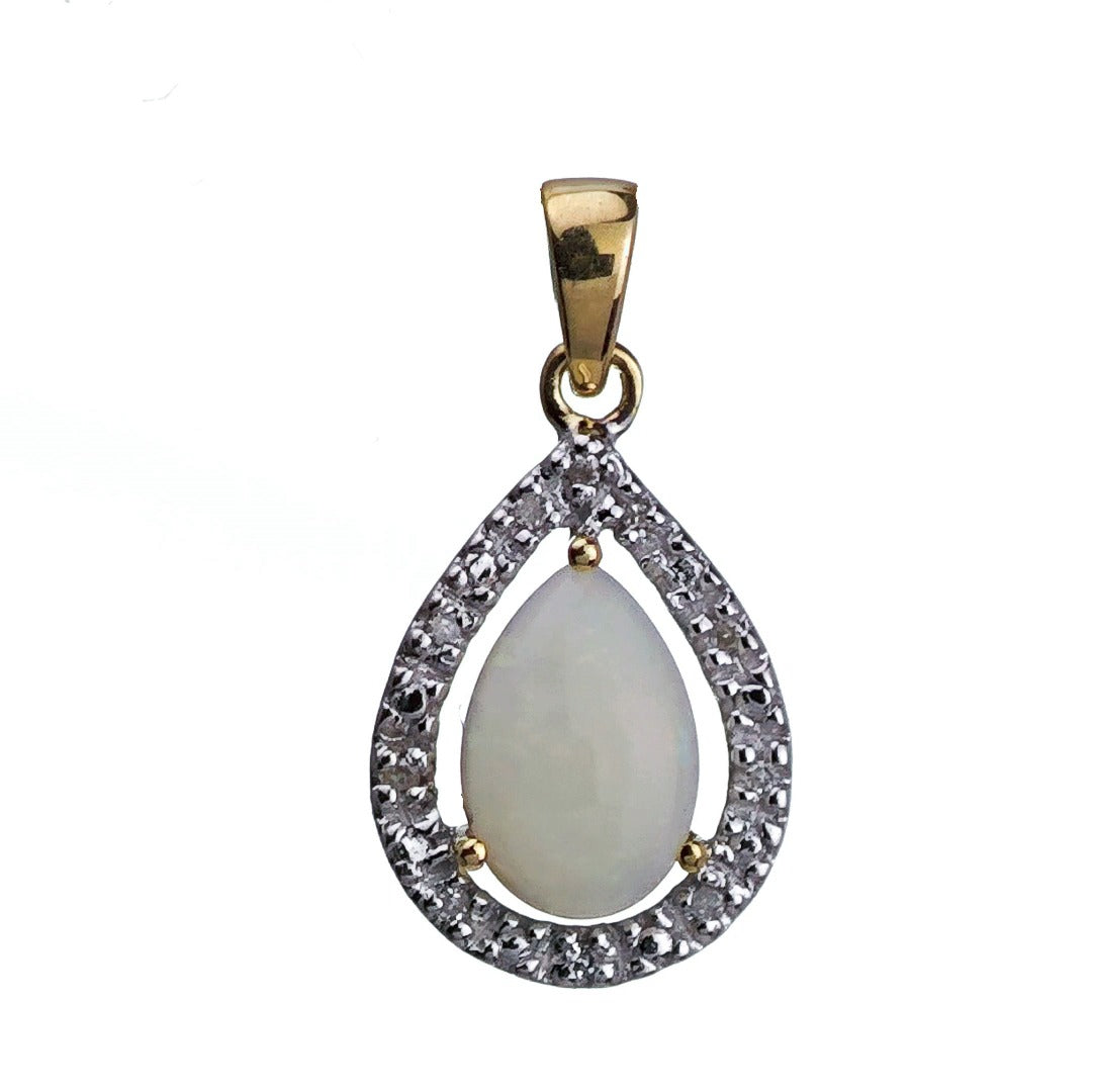 9ct Opal Diamond Necklace Yellow Gold 0.65ct White Pear Natural Gemstone