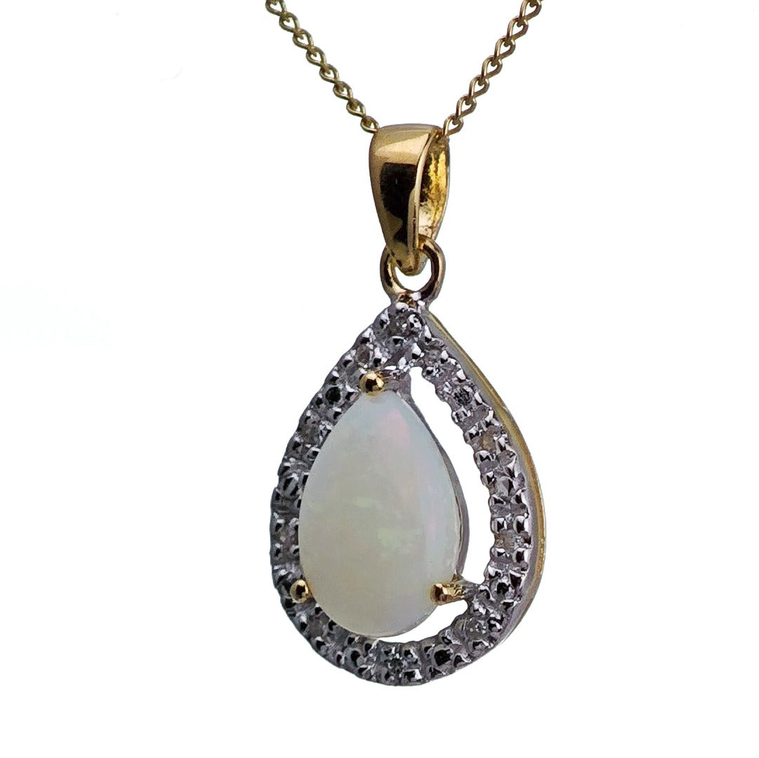 9ct Opal Diamond Necklace Yellow Gold 0.65ct White Pear Natural Gemstone