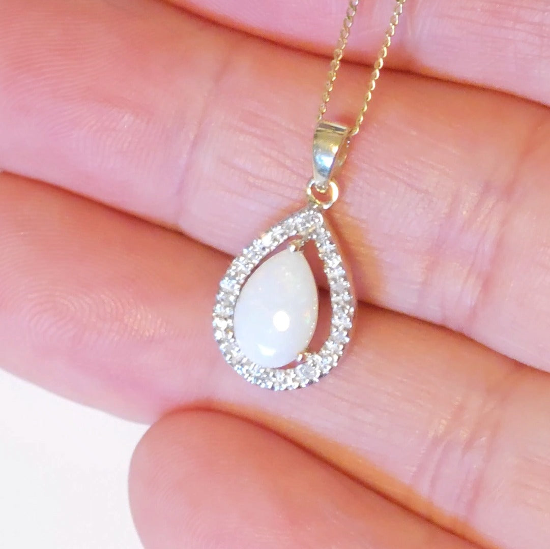 9ct Opal Diamond Necklace Yellow Gold 0.65ct White Pear Natural Gemstone