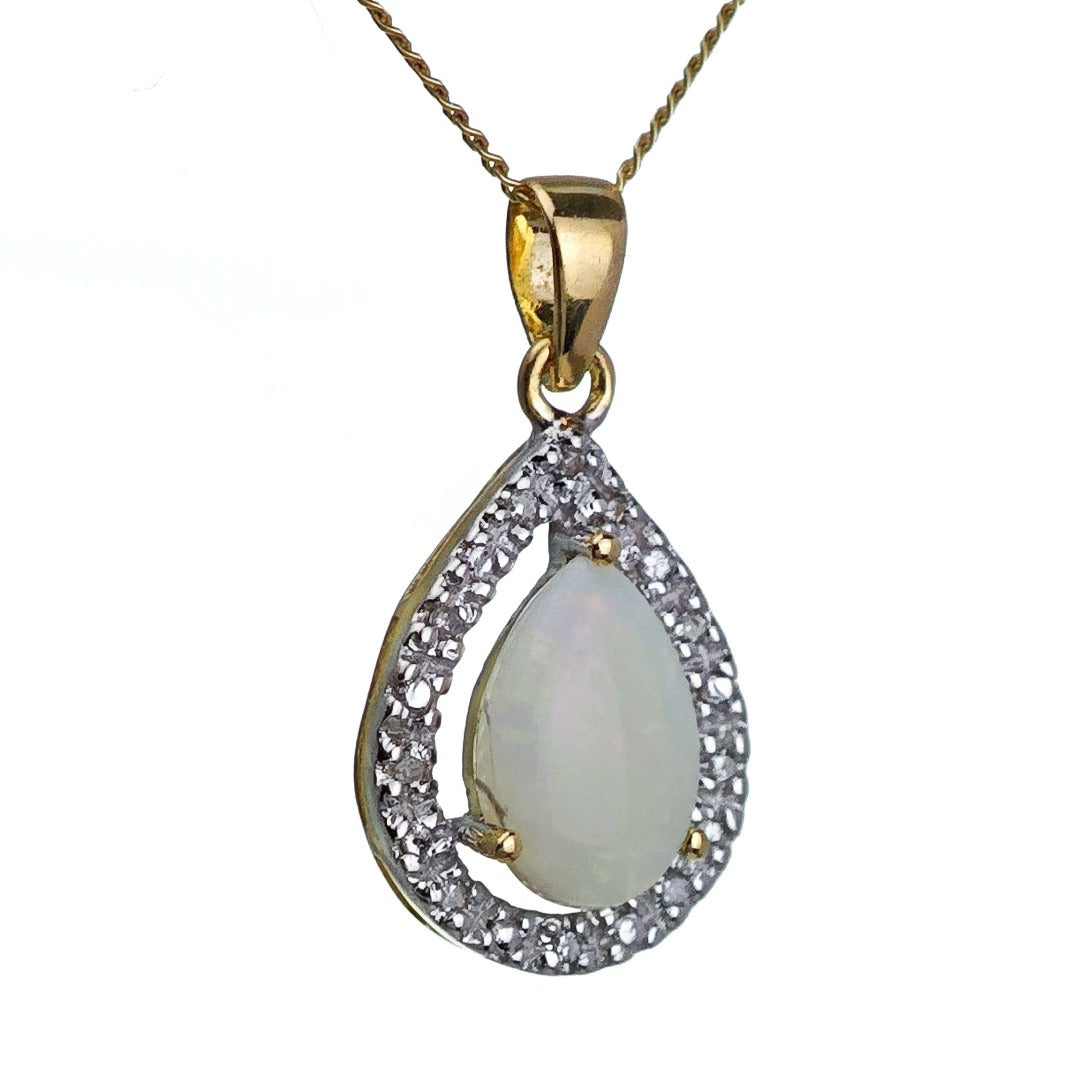 9ct Opal Diamond Necklace Yellow Gold 0.65ct White Pear Natural Gemstone