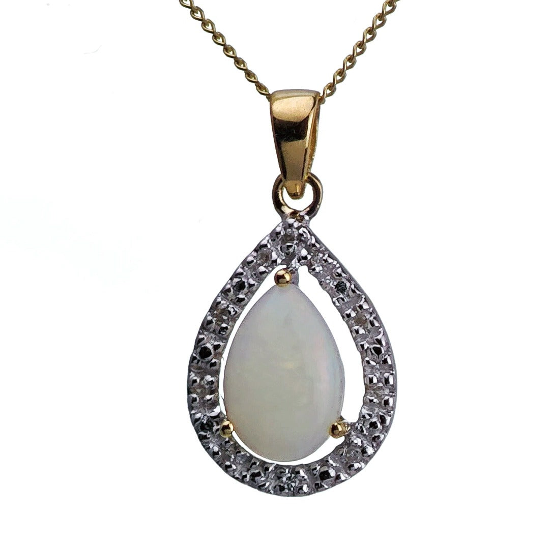 9ct Opal Diamond Necklace Yellow Gold 0.65ct White Pear Natural Gemstone