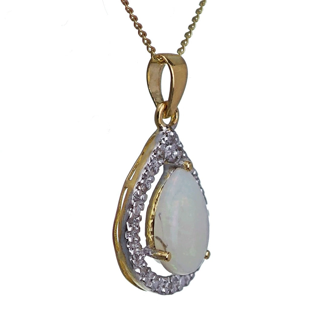 9ct Opal Diamond Necklace Yellow Gold 0.65ct White Pear Natural Gemstone