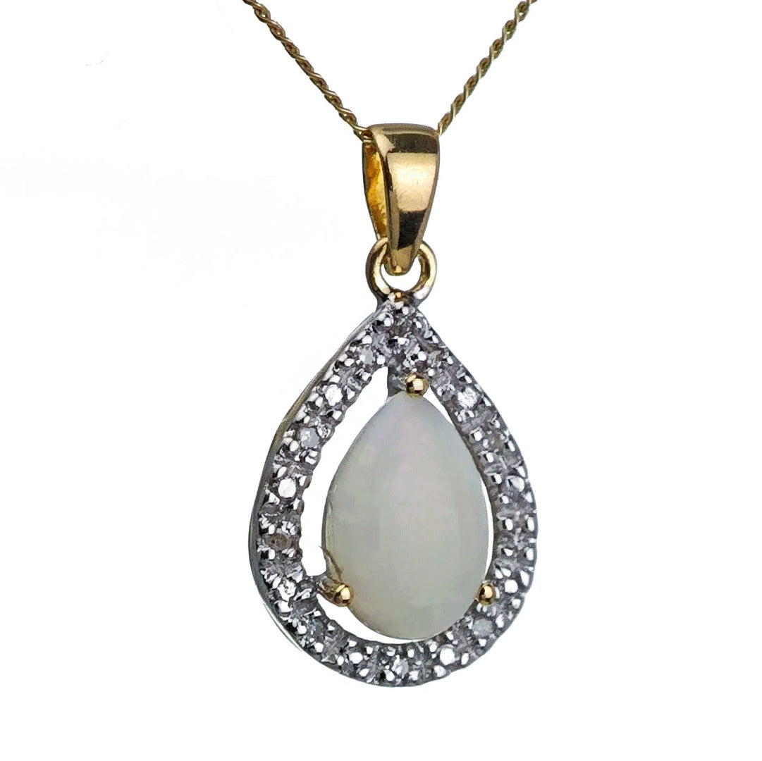 9ct Opal Diamond Necklace Yellow Gold 0.65ct White Pear Natural Gemstone