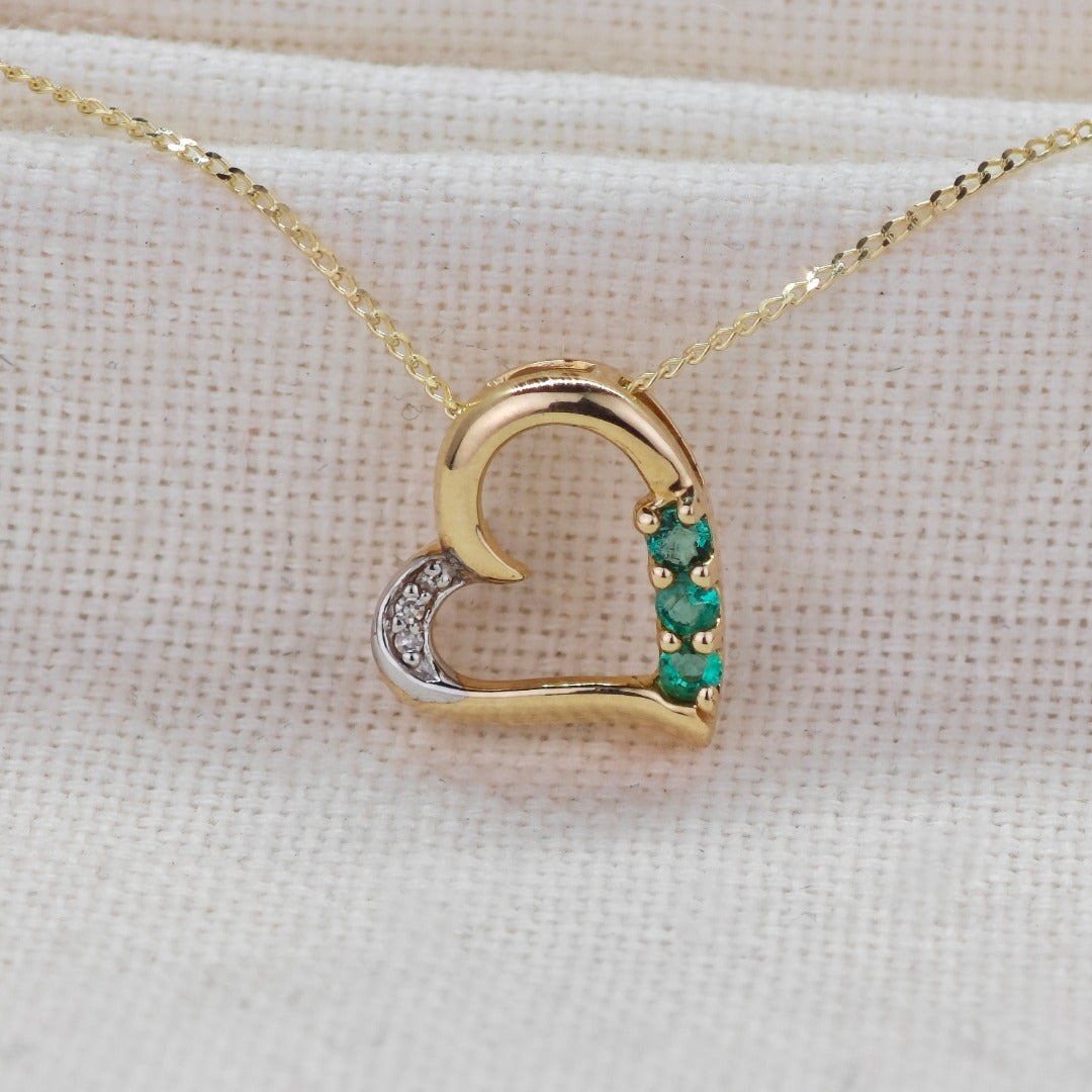 9ct Gold Emerald Necklace Diamond Heart Natural Green Gemstones